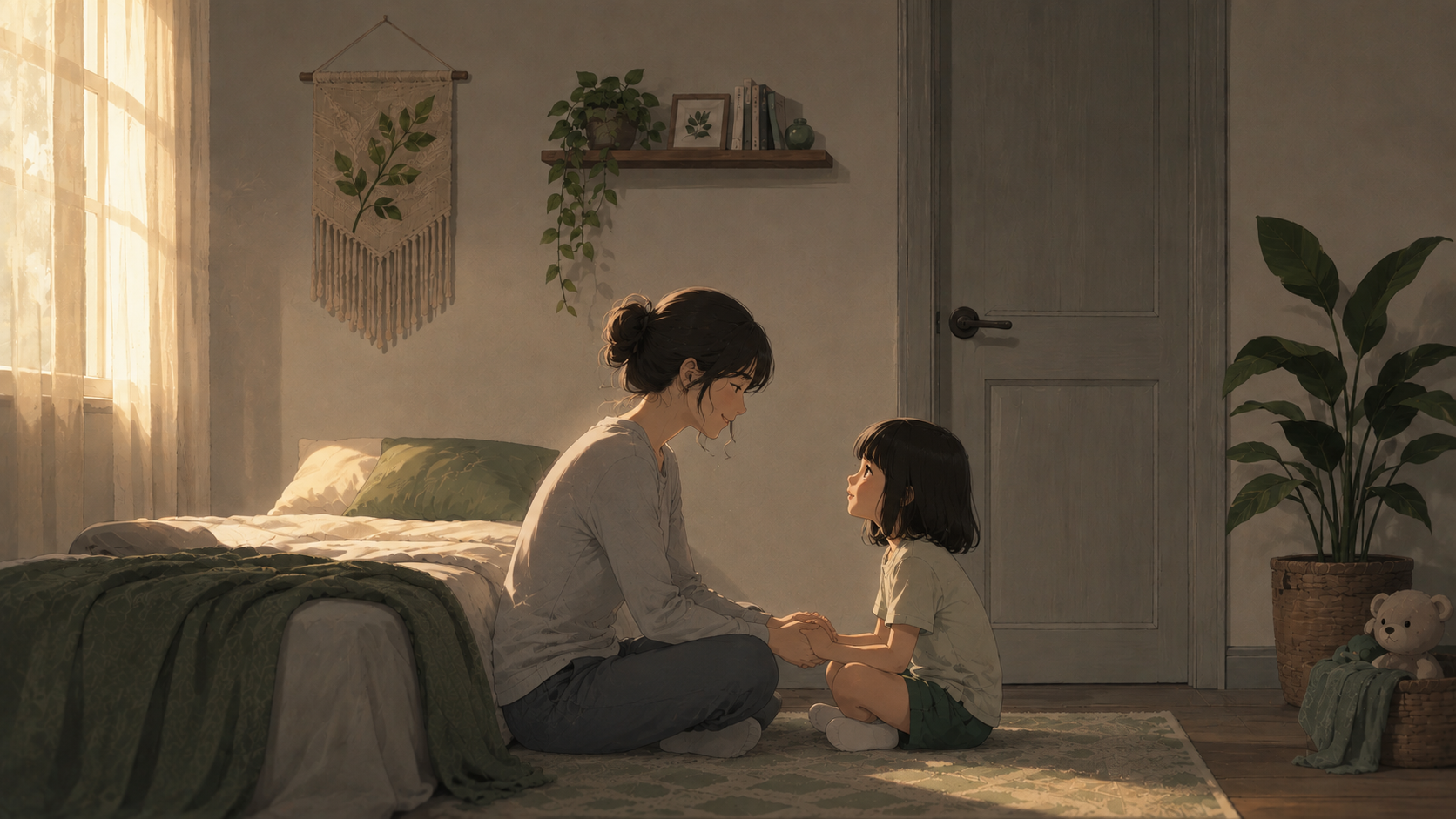 Vẫn căn phòng ấy nhưng ngập nắng ấm: người mẹ ngồi bệt xuống sàn ngang tầm con, hai mẹ con nhìn thẳng vào mắt nhau, mẹ nắm hai bàn tay con và mỉm cười.