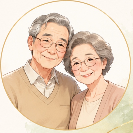 Tranh minh hoạ hai ông bà đeo kính đứng sát cạnh nhau, cùng mỉm cười hiền hậu.
