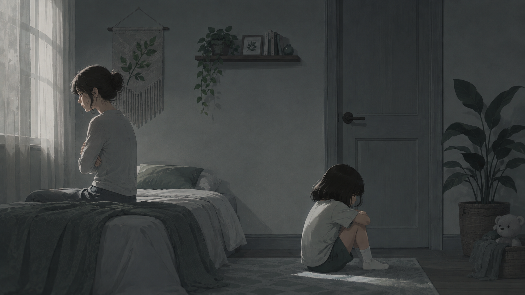 Phòng ngủ tông xám lạnh: người mẹ ngồi mép giường quay mặt ra cửa sổ, hai tay khoanh trước ngực; đứa con ngồi bó gối dưới sàn quay lưng lại phía mẹ.