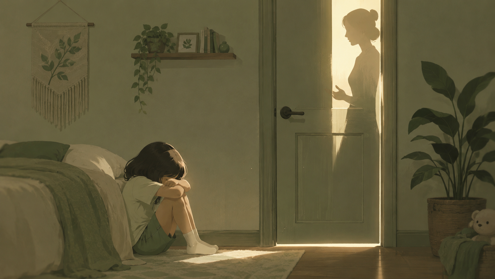 Bé gái ngồi bó gối bên mép giường, mặt vùi vào cánh tay; ngoài khe cửa hé sáng là bóng người mẹ đang đưa tay nói với vào. Căn phòng tông xanh trầm.