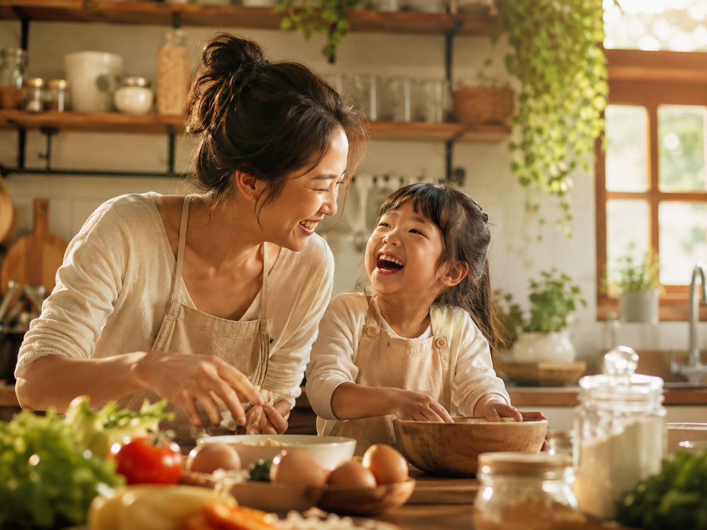 Mẹ và con gái cùng bật cười trong gian bếp ngập nắng, hai mẹ con mặc tạp dề, trước mặt là rau củ và trứng đang chuẩn bị nấu.